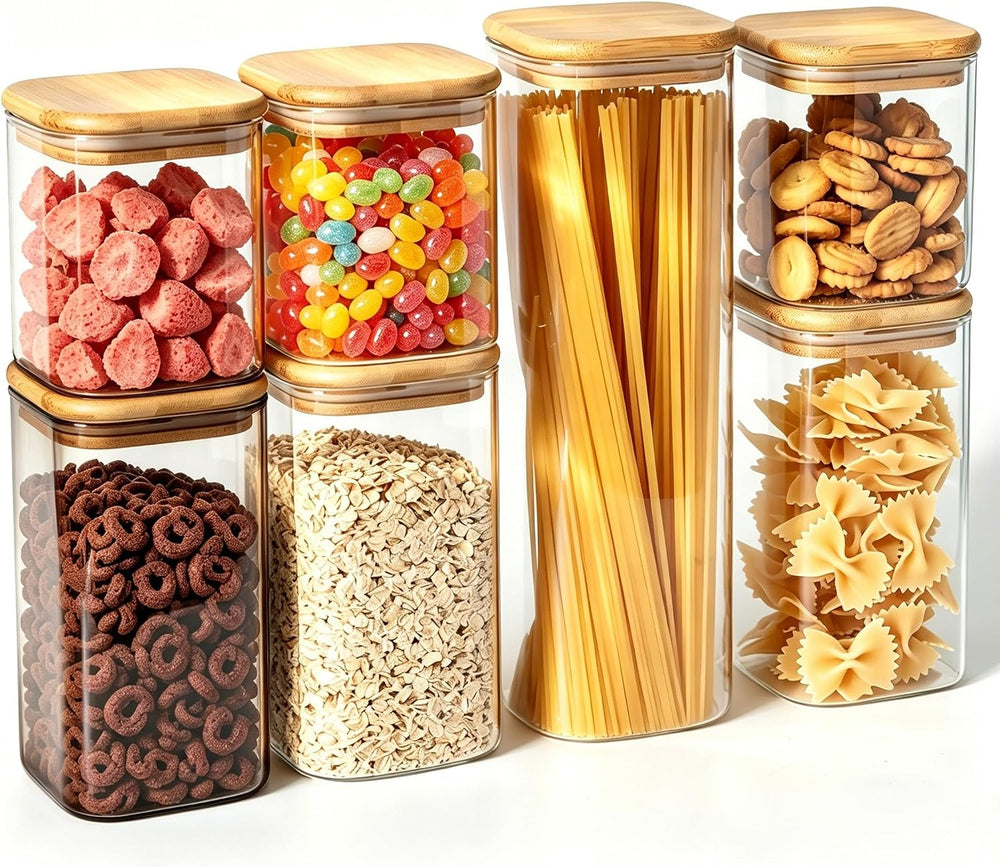 7 Pack Square Glass Storage Containers with Lids, Multi-Size Canisters Sets f...