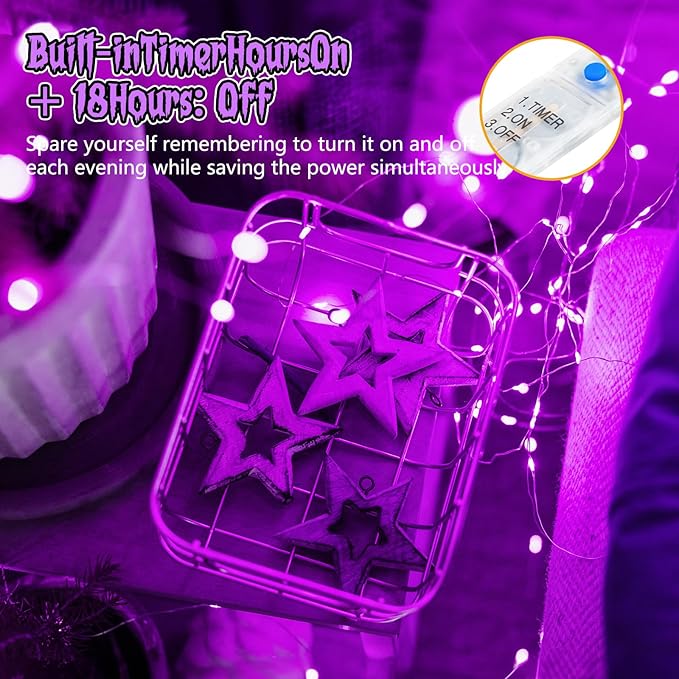 Minetom 6 Pack Purple Fairy Lights Battery Operated with Timer - 7ft 20 LED W...