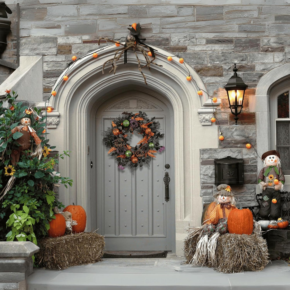 22 Inch Halloween Wreath for Front Door, Spooky Black & Purple Glitter Ro...