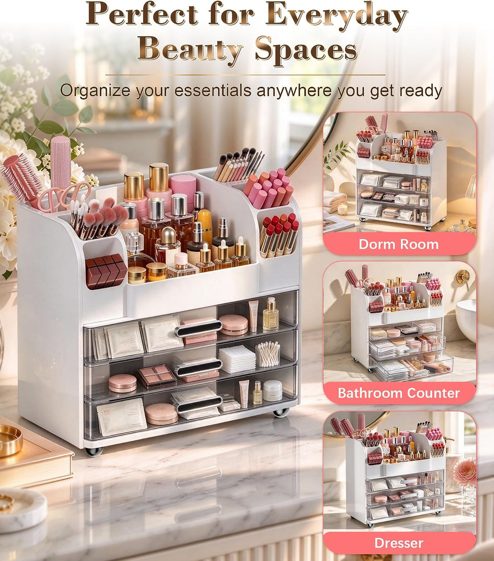 Hanyi Makeup Organizer for Vanity, 3 Clear Drawers, 6 Brush Holders, White