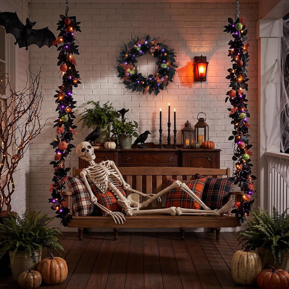 6FT Pre-Lit Halloween Garland with Lights, 2Pcs Black Rose Garland