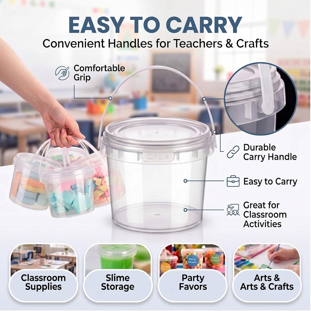 Maxcheck 100 Pcs 16oz Plastic Bucket with Lids and Handles Bulk, Clear