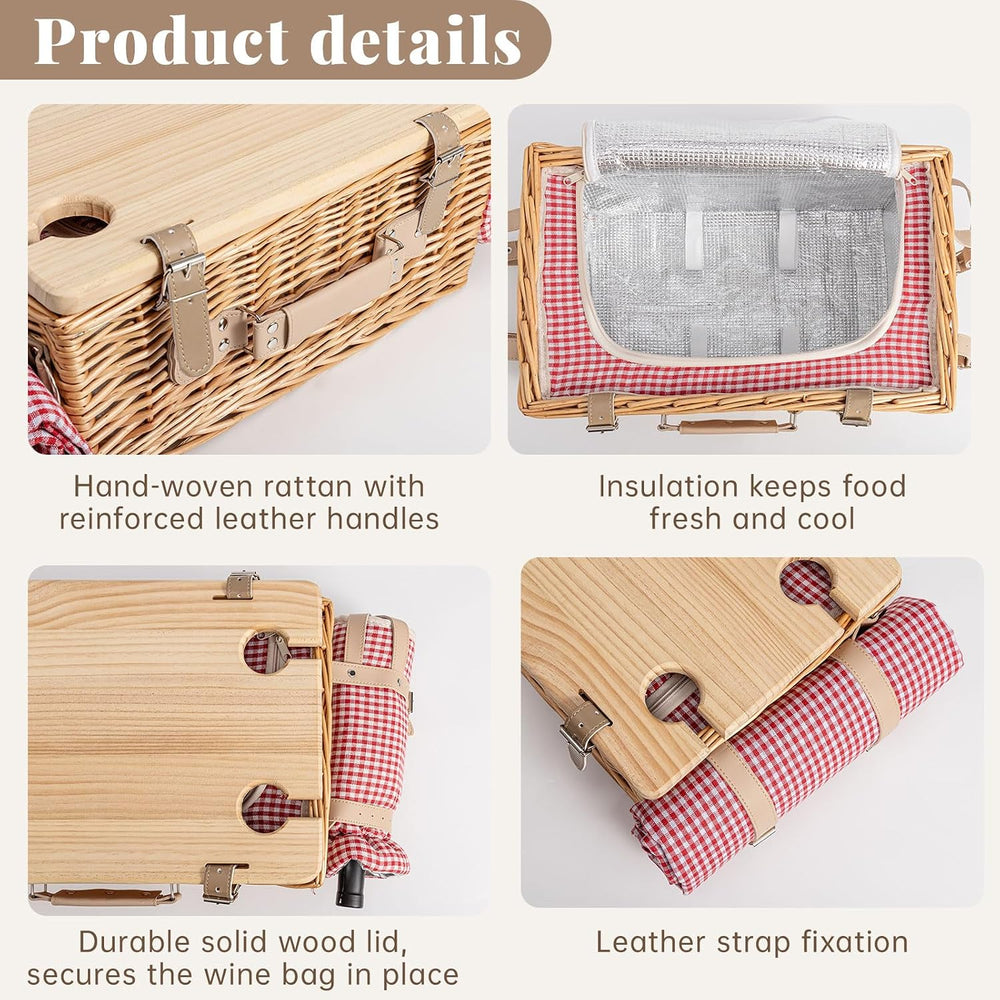 Wicker Picnic Basket Set for 4 with Detachable Table, Portable Utensil Bag