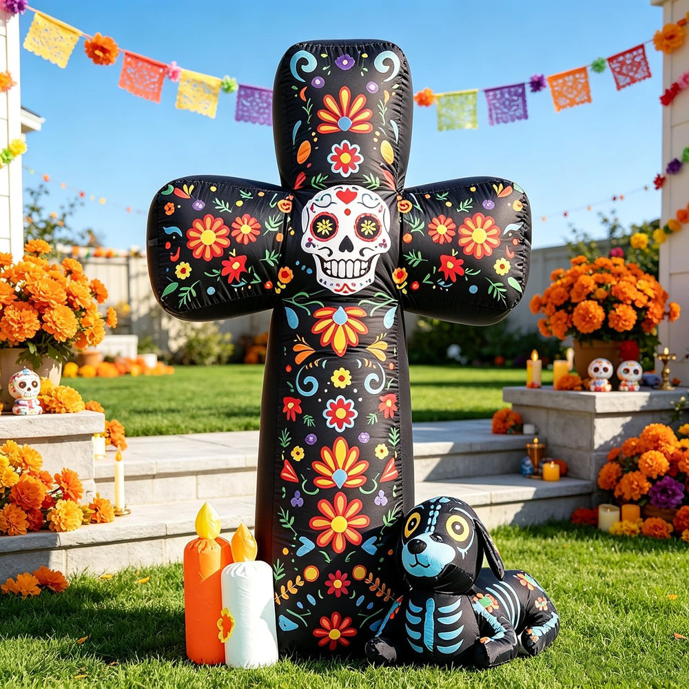 DomKom 6 FT Halloween Inflatable Outdoor Decorations, Day of the Dead Cross B...