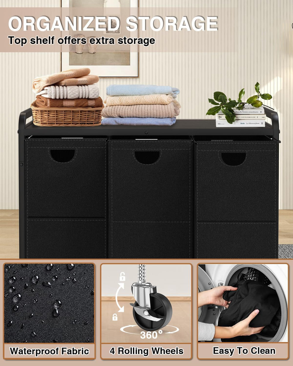 Laundry Sorter 3 Section,Laundry Basket with Wheels,3×15.8 Gal (60L) Black