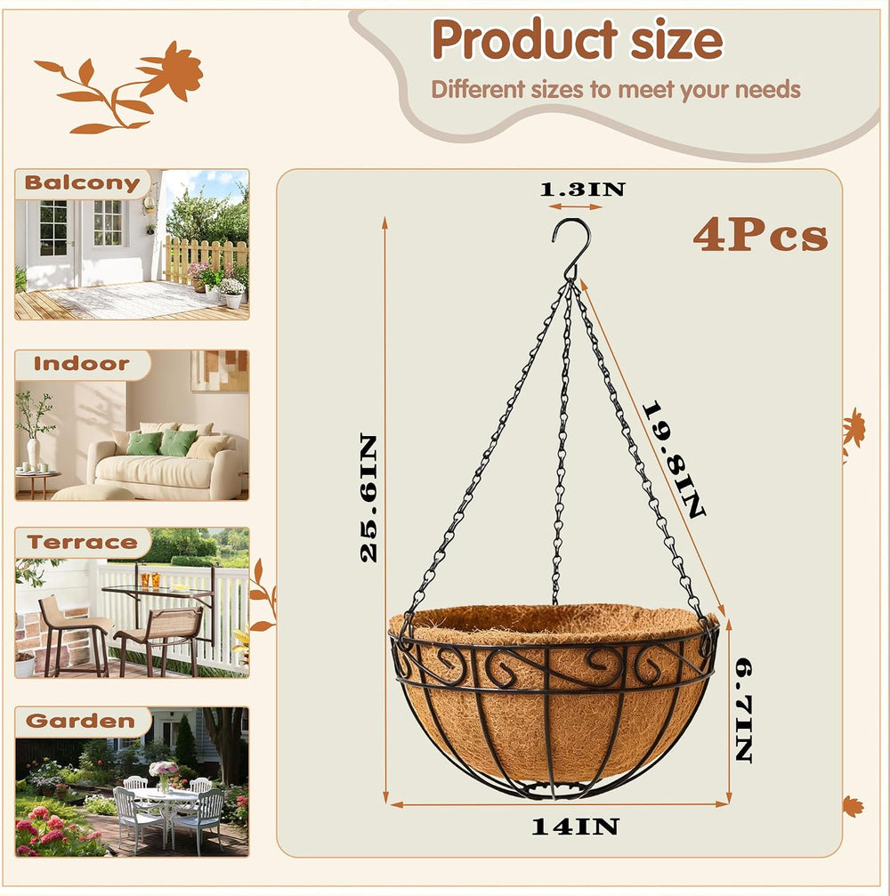 14 inch Metal Hanging Baskets For Plants Outdoor 4 Pack Round Metal Wire Hang...