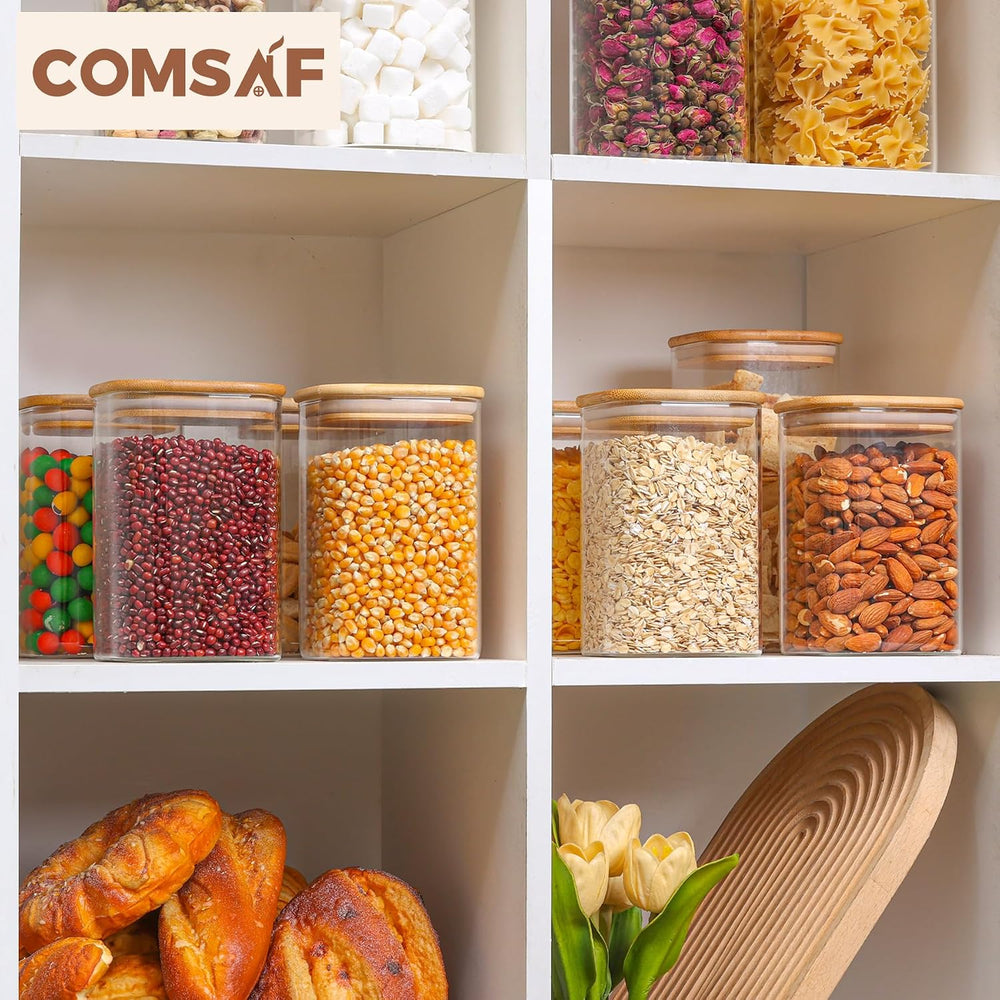 ComSaf Square Glass Containers with Lids 1.2 Qt, Set of 9 Pantry Glass Jars