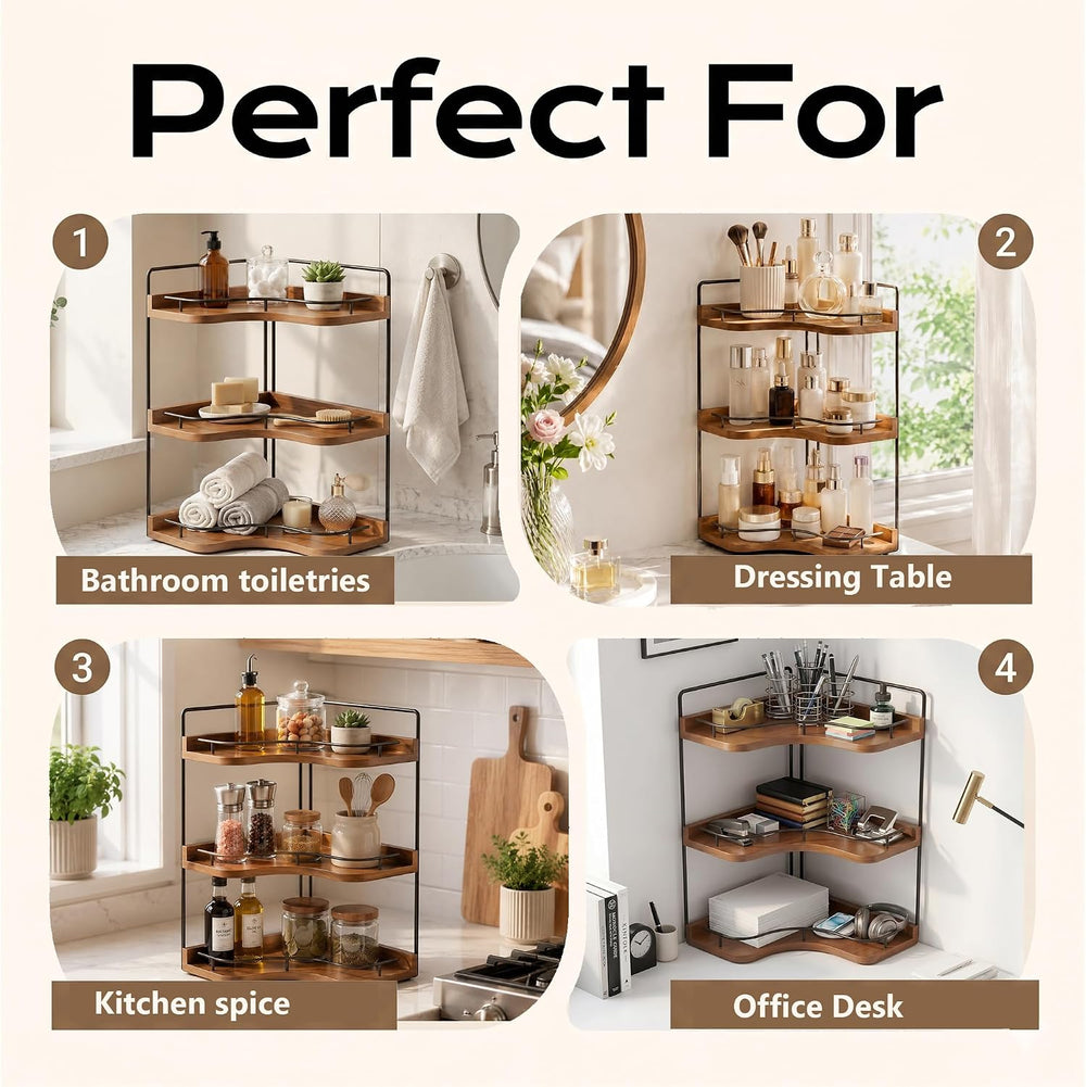 3-Tier Corner Bathroom Counter Organizer, Solid Wood Corner Shelf