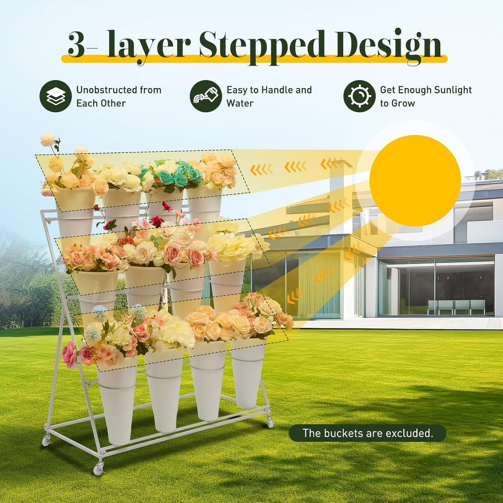 3 Tier Metal Flower Display Stand Frame with 12pcs Buckets,Stepped Flower Pla...