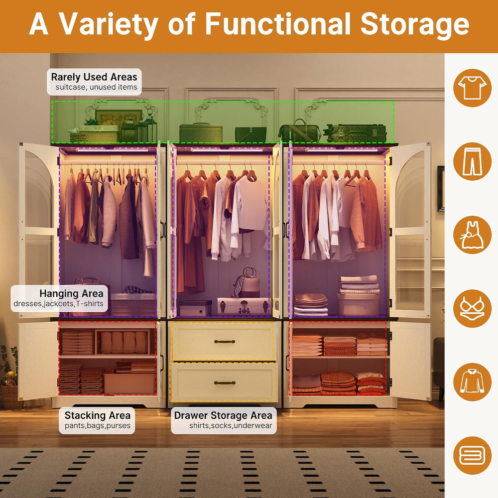 Tall Farmhouse 6 Doors Armoire Wardrobe Closet with LED ,72" Freestandin...