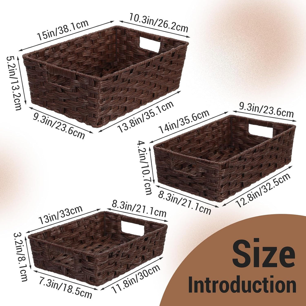 Set of 3 Large Wicker Storage Baskets for Organizing, Brown