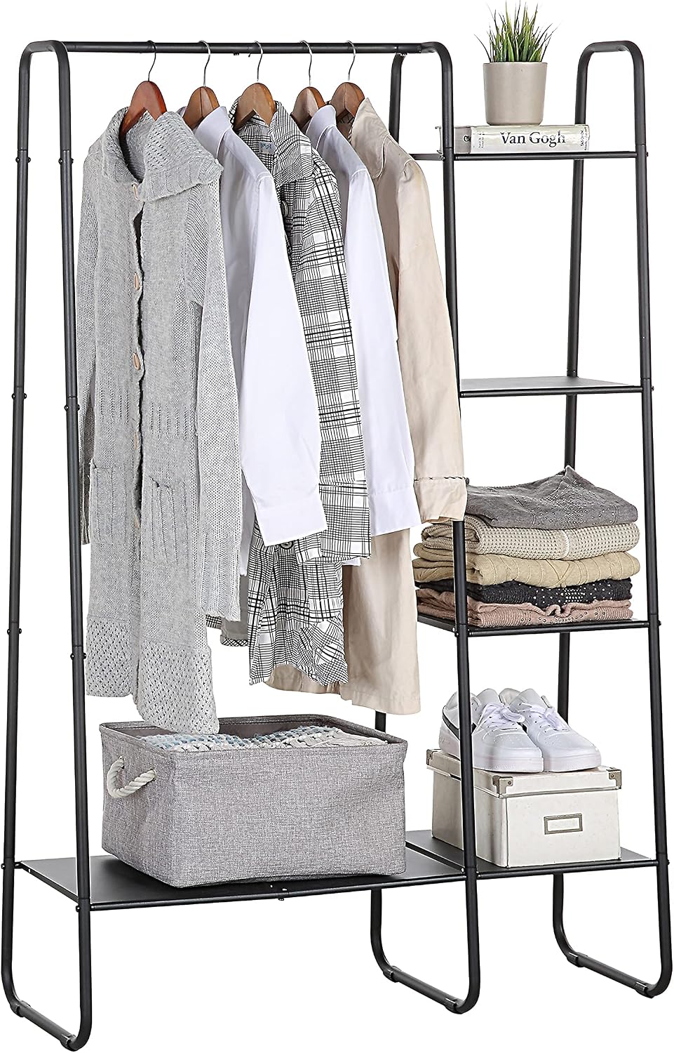 SunnyPoint Open Closet Garment Rack with 4-Tier Shelves & Bottom Storage ...