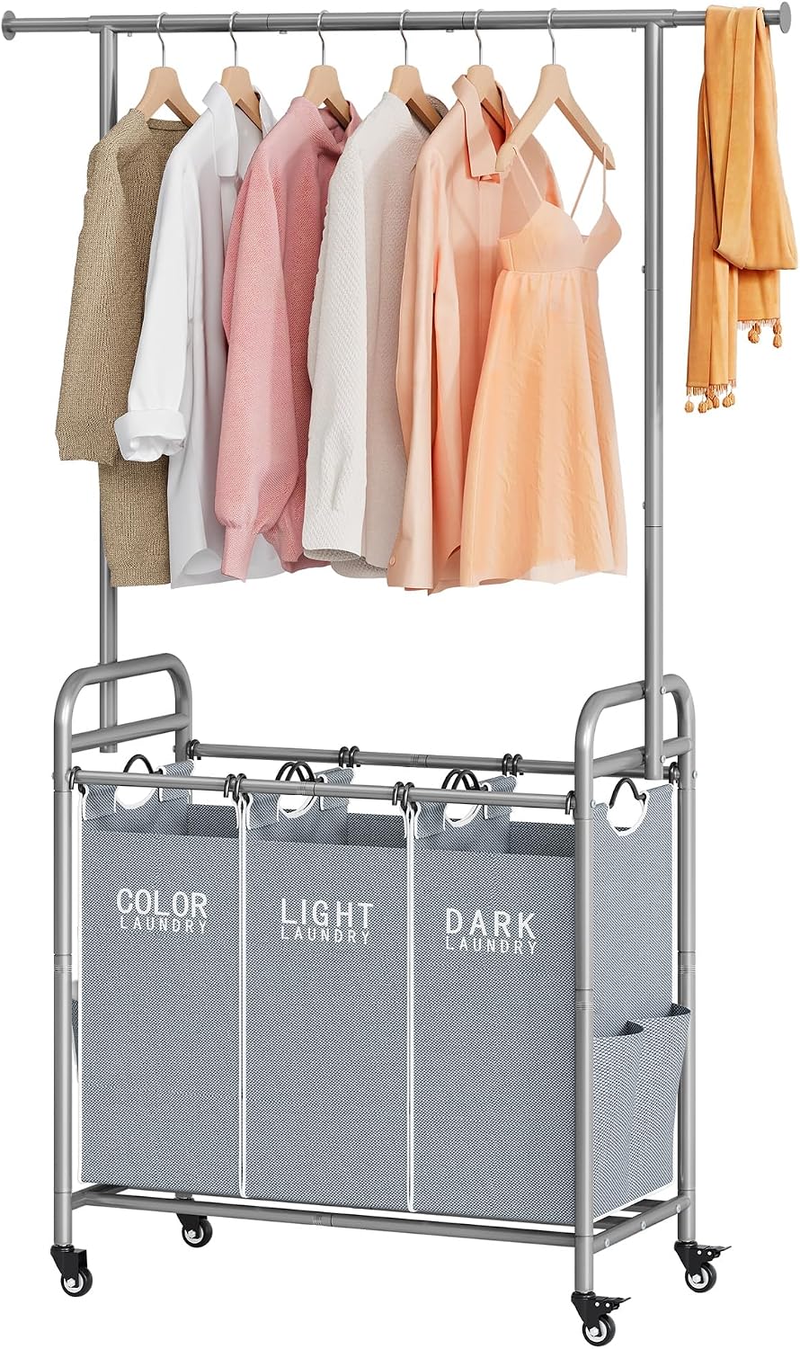 Tajsoon Laundry Sorter 3 Section, Laundry Cart with Hanging Rack, Gray
