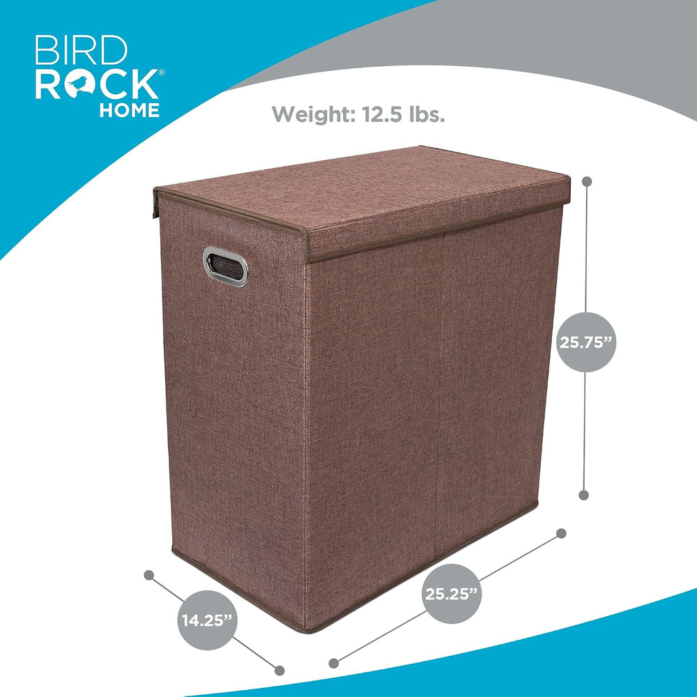 BIRDROCK HOME 13Gal Tall Double Laundry Hamper with Lid, Brown, 25.75”