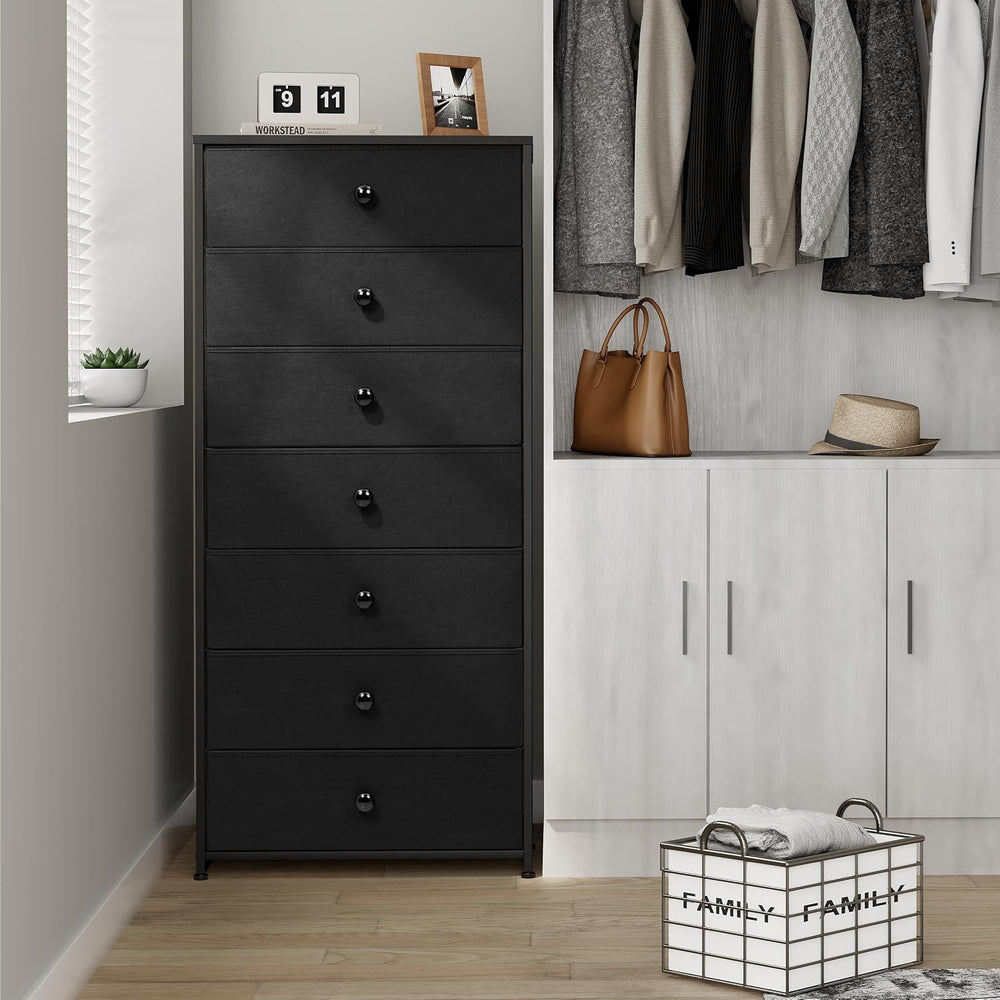 Fabric Dresser for Bedroom, Wide 7-Drawer Tall Vertical Tower (Black)