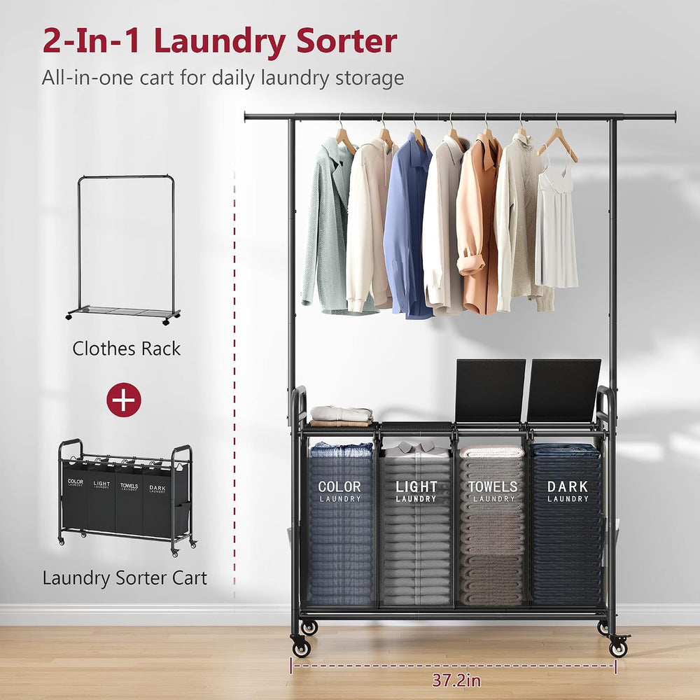 Tajsoon Laundry Sorter with Hanging Bar, Laundry Hamper with Lid, Black