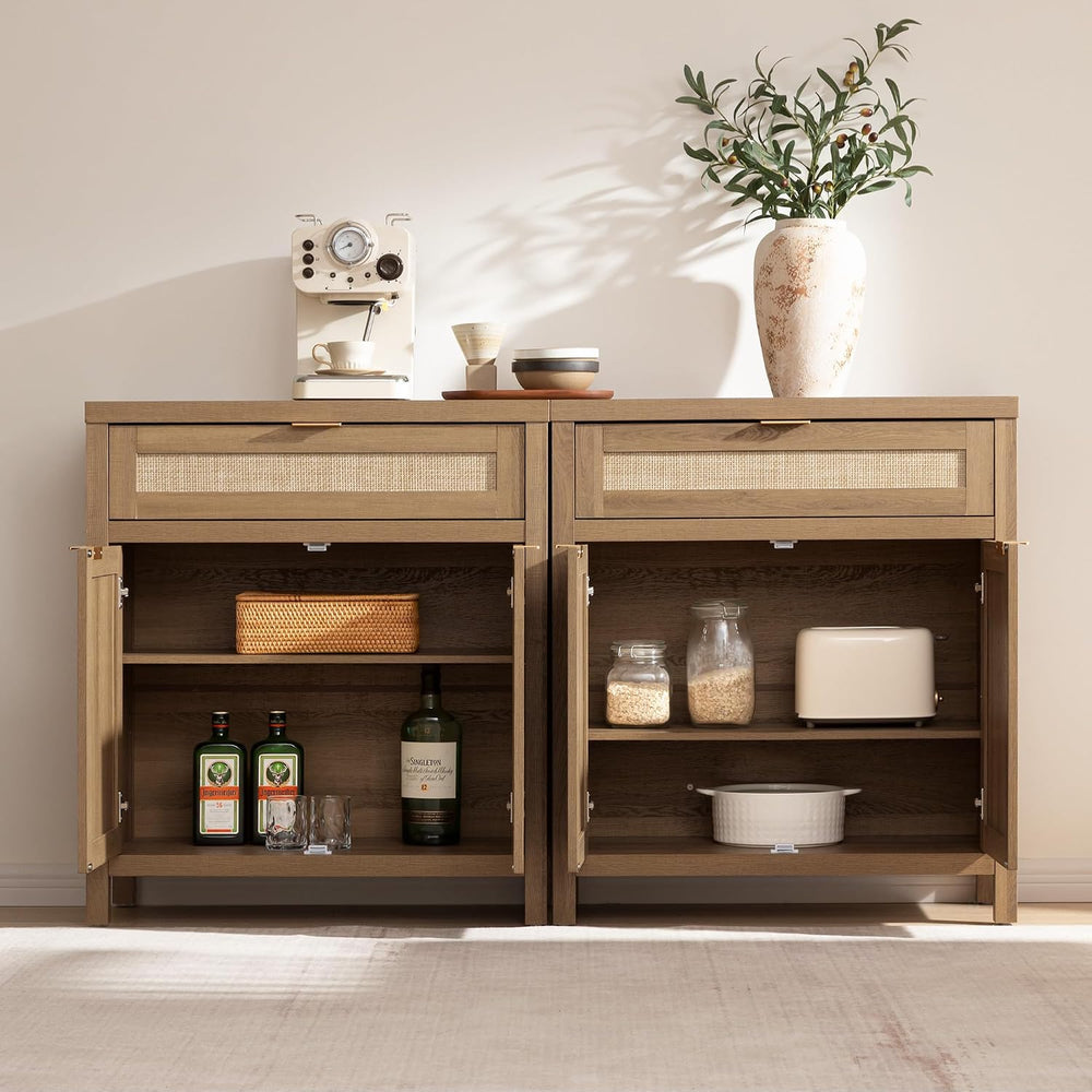 SICOTAS Sideboard Buffet Cabinet Set of 3, Rattan Credenza Storage Cabinet