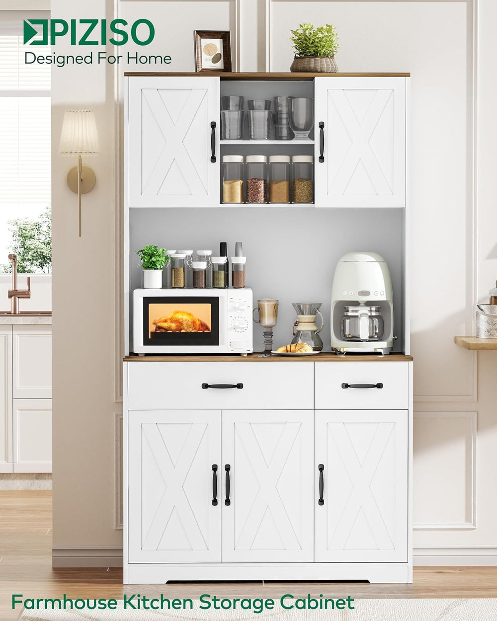 67" Tall Pantry Cabinet with Charging Station, Farmhouse Kitchen Storage...