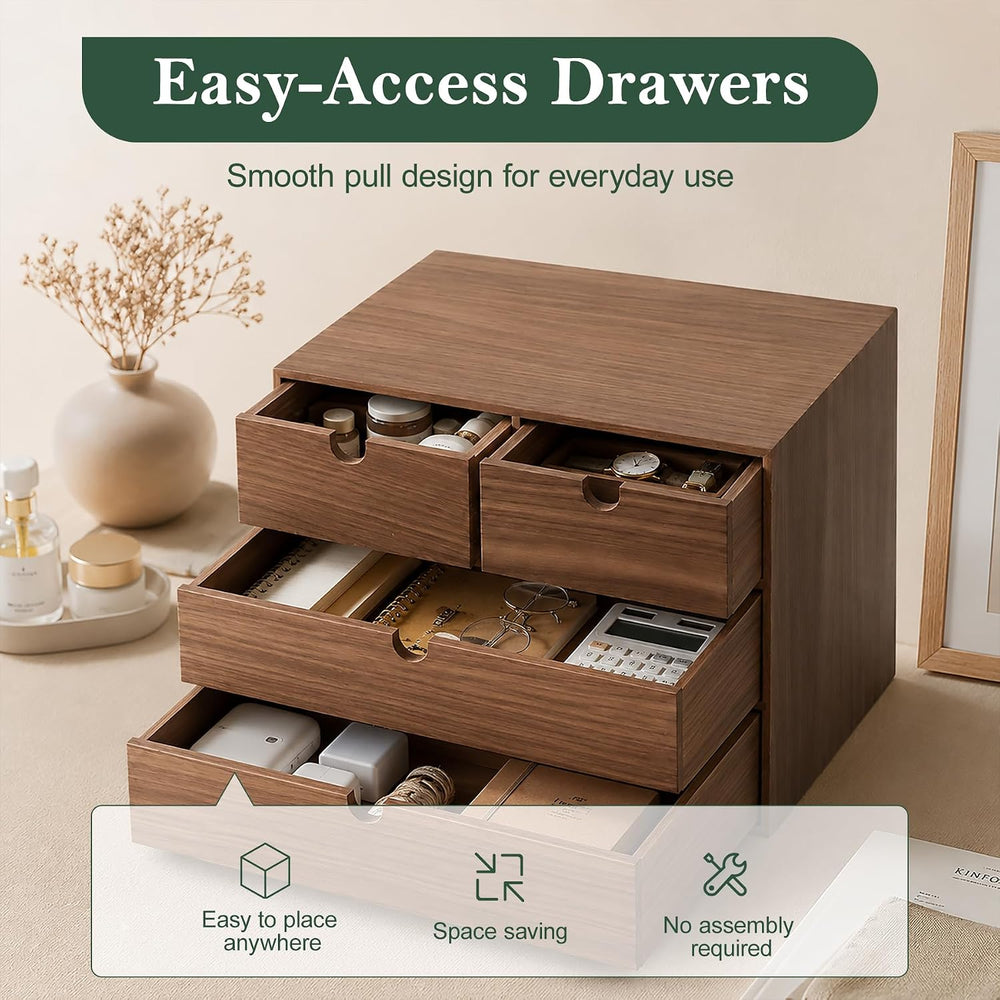 3-Tier Wooden Desk Organizer with 4 Drawers, Walnut Finish
