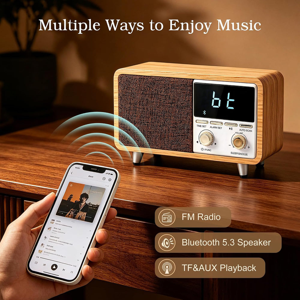Portable Retro Radio Alarm Clock, Bluetooth Speaker with FM Radio