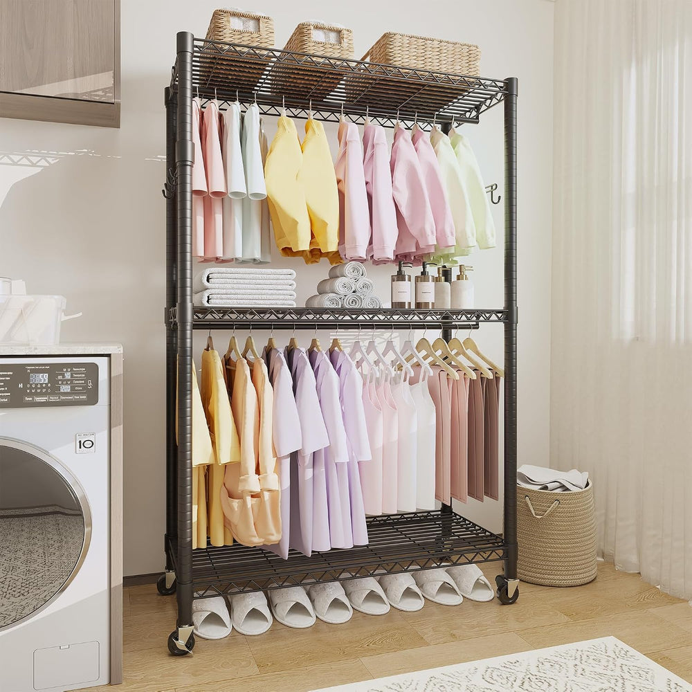 Garvee 3 Tier Clothes Rack with Wheels, Adjustable Shelves & 2 Hanging Ro...