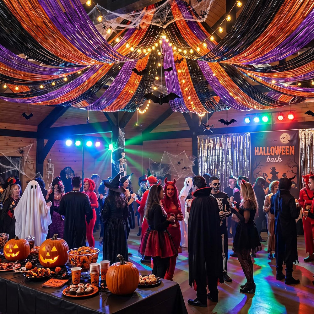 8 Pcs Halloween Decor, Orange Purple Black Ceiling Fringe Curtains