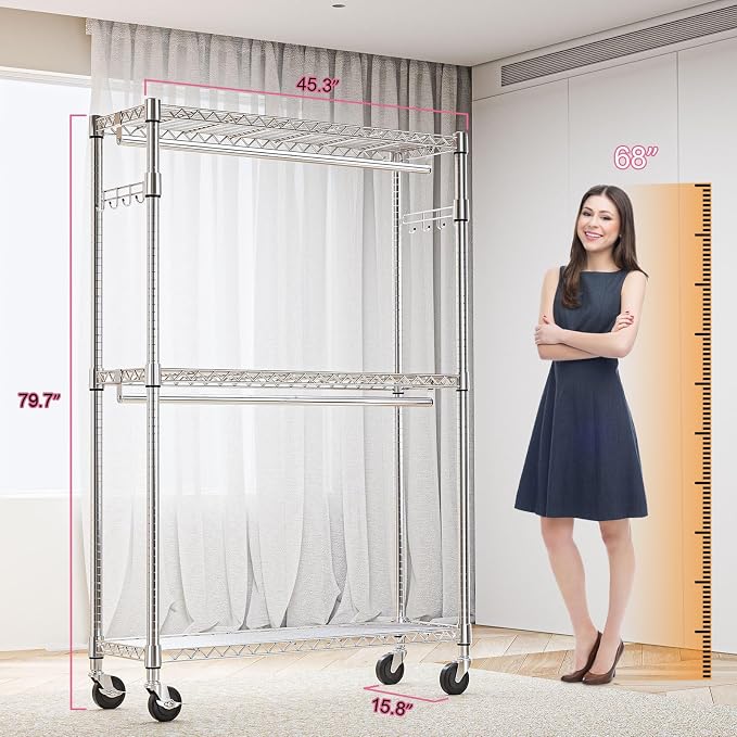 Heavy Duty Rolling Garment Rack 3 Tiers Adjustable Wire Shelving Clothes Rack