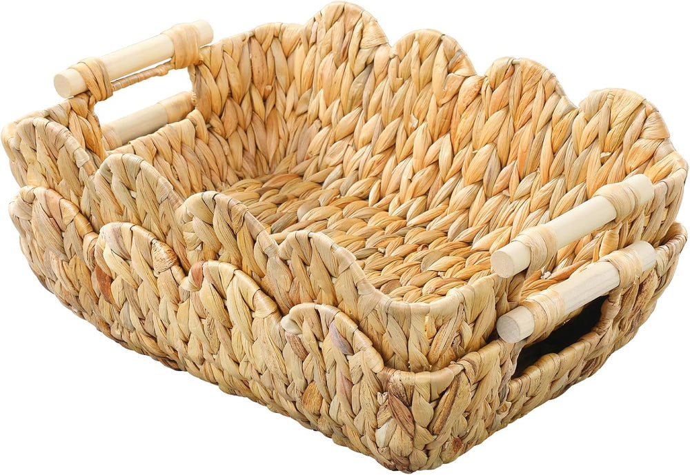 2 Pack Wicker Baskets, Cute Scalloped Baskets,Natural Water Hyacinth