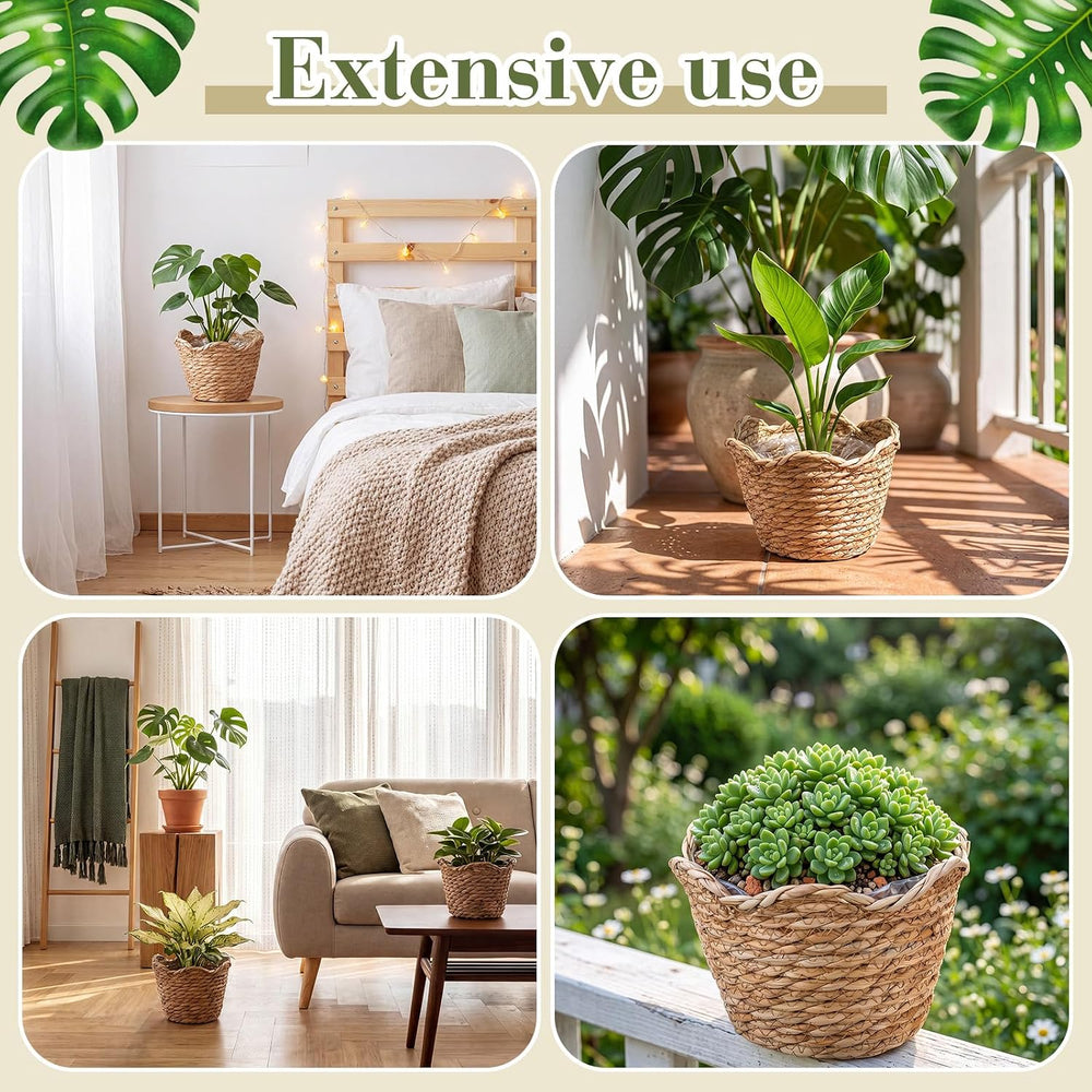 4 Pack Seagrass Woven Plant Basket with Waterproof Plastic Liner, Wicker Stra...