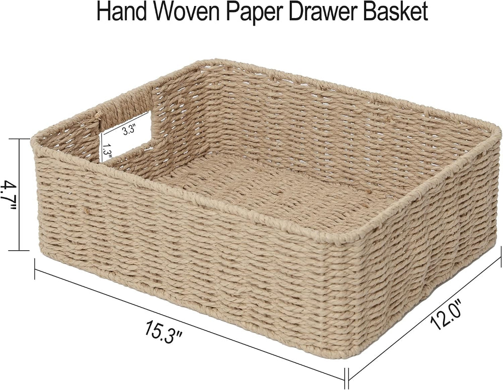 Rectangular Woven Paper Rope Storage Baskets for Shelves(Khaki)