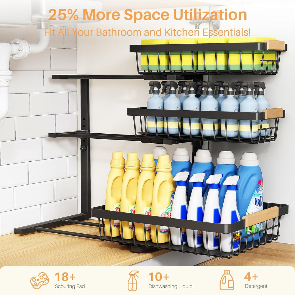 PXRACK Under Sink Organizer, 3-Tier 2-Pack Adjustable Height Pull Out Under C...