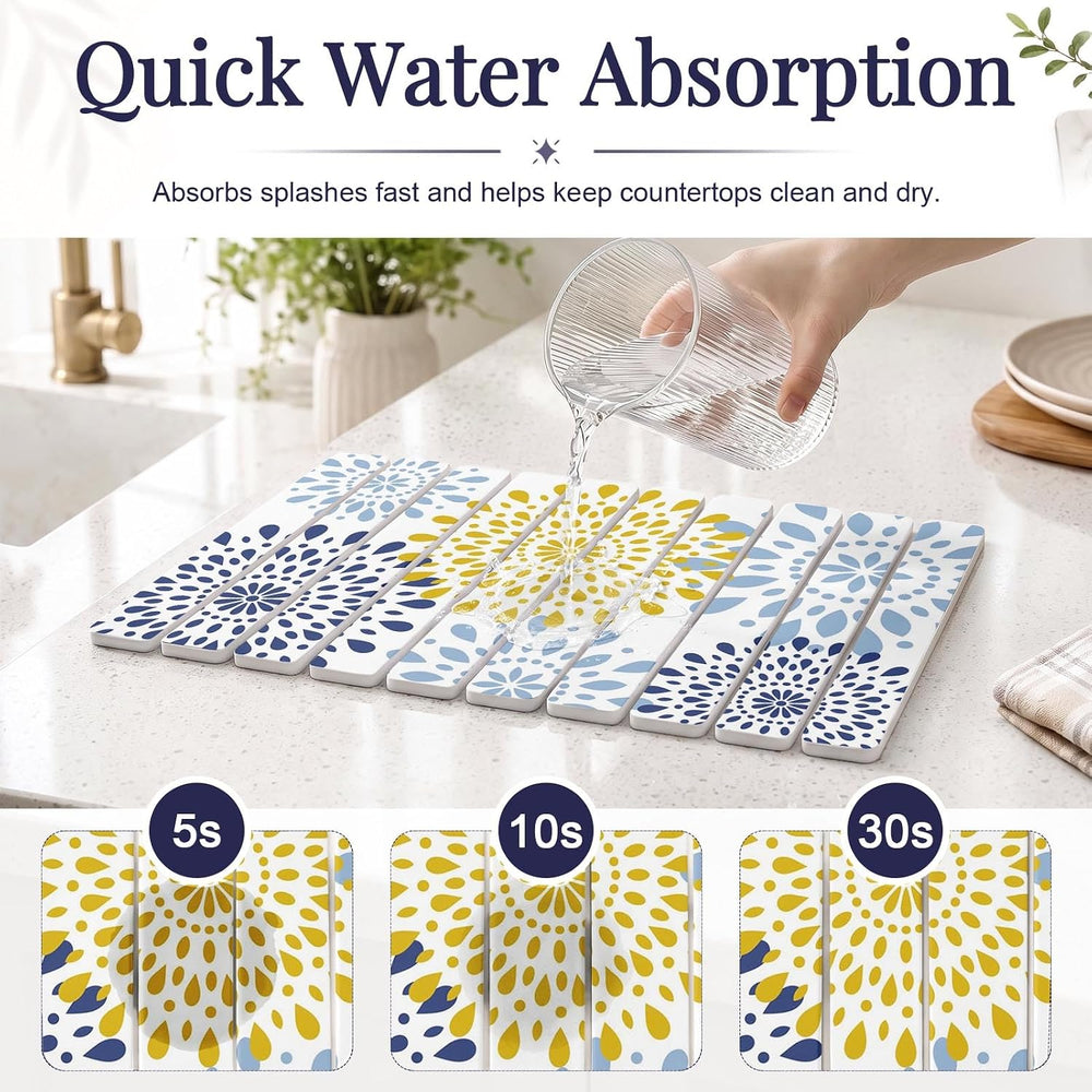 Large Stone Dish Drying Mat Set for Kitchen Counter Blue Mandala