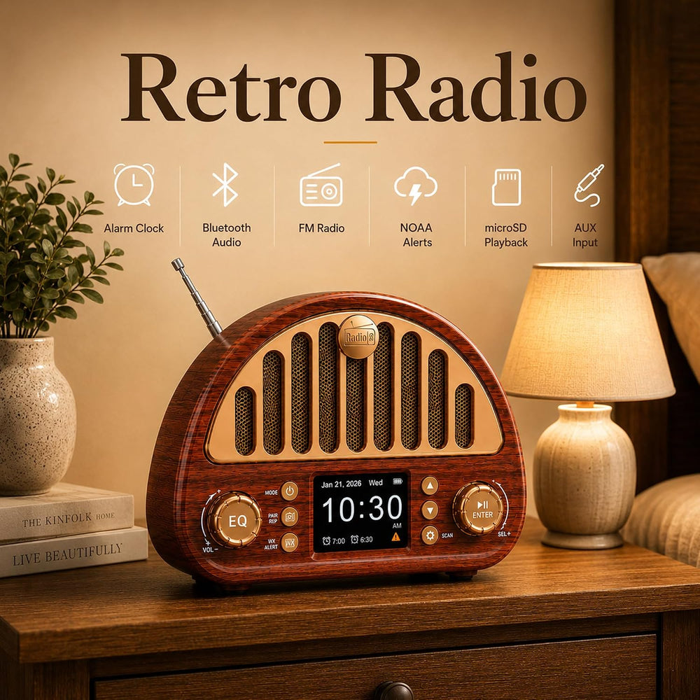 Retro Alarm Clock Radio with Bluetooth, Dual Alarms and NOAA Weather Alert