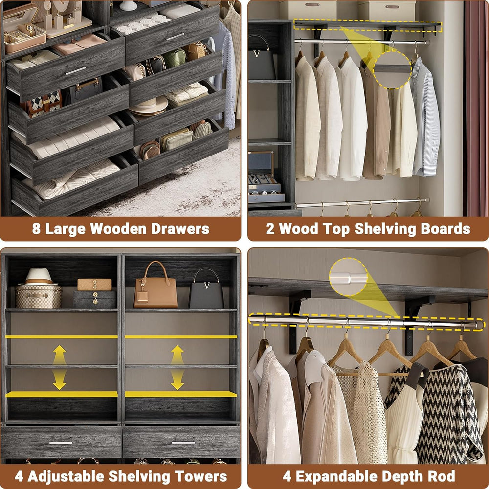 Aheaplus Closet System, Wood Closet Organizer System with 8 Drawers &4 Rods
