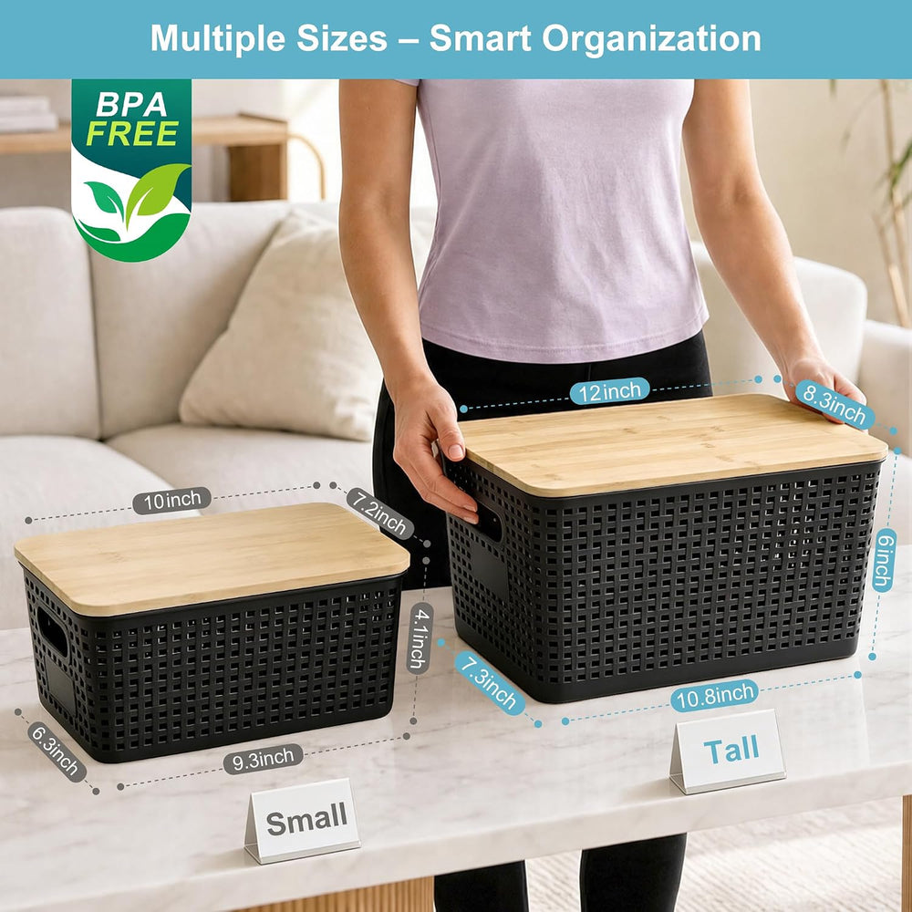 Small Plastic Storage Bins with Bamboo Lids 5.2qt Stackable Box Basket Pantry...