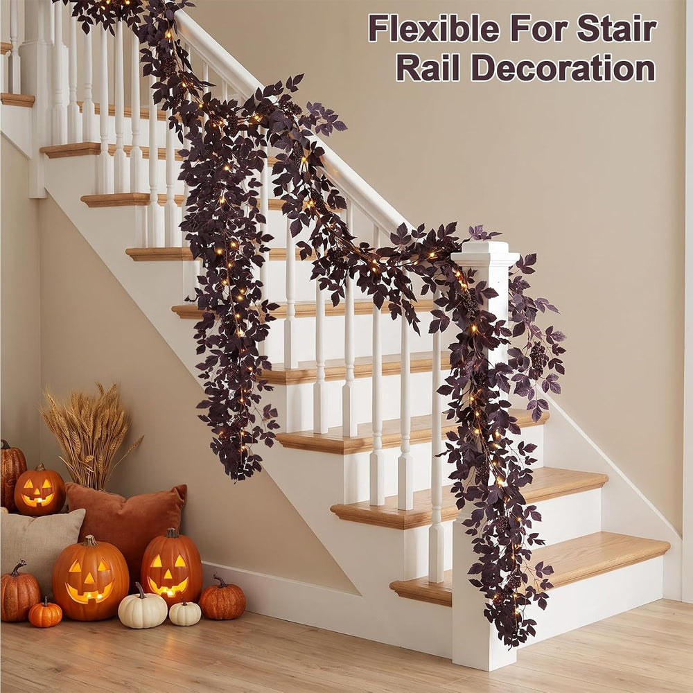 18 FT Plum Cimicifuga Seeded Garland with Light for Mantle, Artificial Fall L...