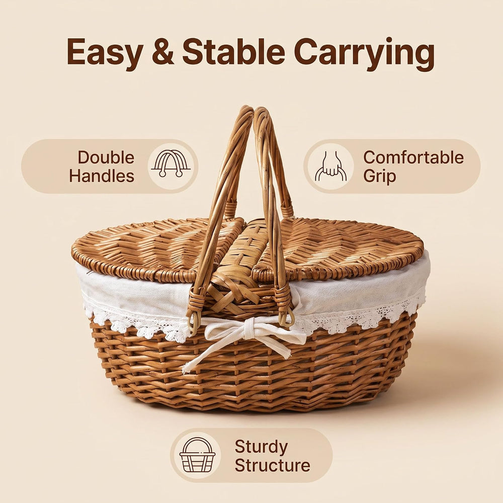 Picnic Wicker Basket with & Handles for Outdoor Camping, White