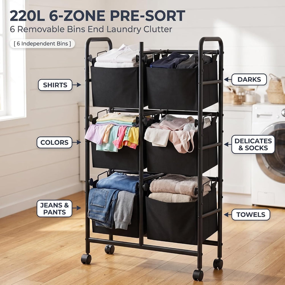 3-Tier Rolling Laundry Sorter Cart, 220L 6-Bag Laundry Hamper on Wheels