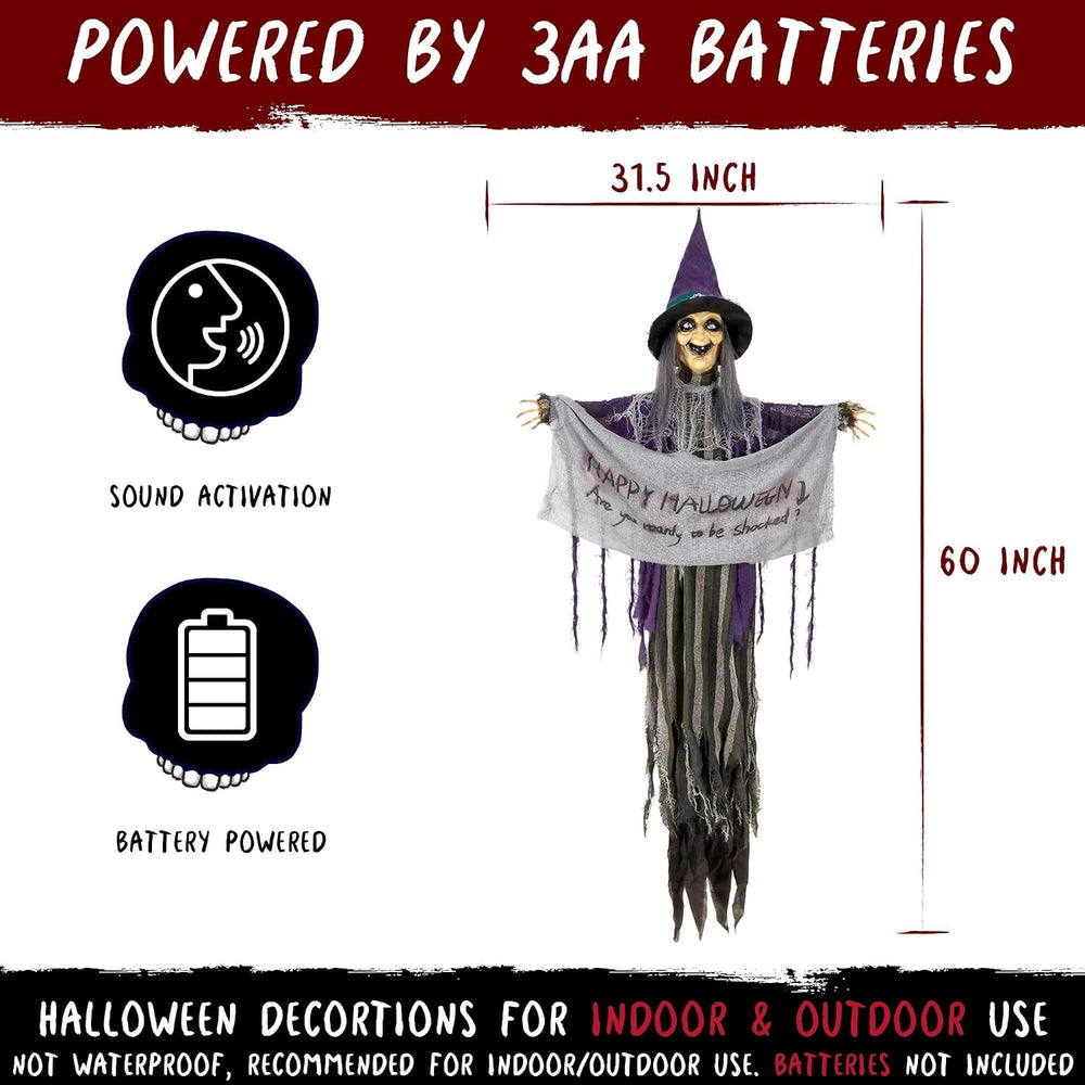 Halloween Animatronics 5ft Hanging Witch, 60inch Floating Animated Witch Deco...