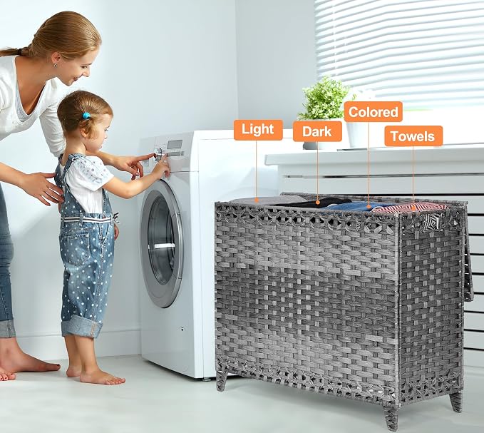 Laundry Hamper with 4 Removable Liner Bags; 176L Handwoven Rattan Laundry