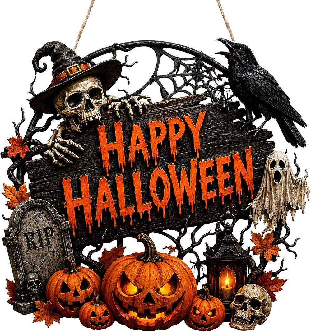 Spiritlele Big Happy Halloween Door Sign Wooden Decoration for Front Door
