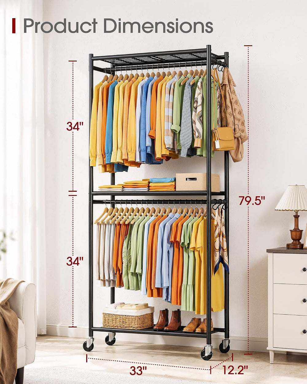 Portable Closet Clothes Rack, Dual Rods, 33 x 12.2 x 79.5 in, Black
