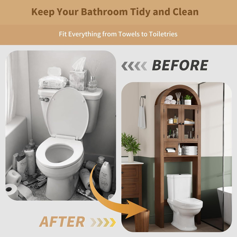 Arched Over the Toilet Storage Cabinet with Tempered Glass Doors, Walnut