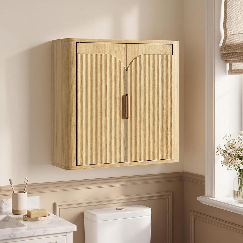 Fluted Bathroom Wall Cabinet with 2 Doors, 3-Tier Wood Wall Mounted Medicine ...