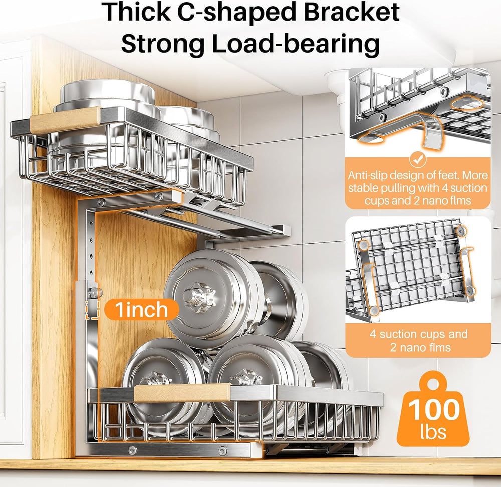 PXRACK Under Sink Organizer, Adjustable Height, 2 Tier Pull Out Cabinet Organ...