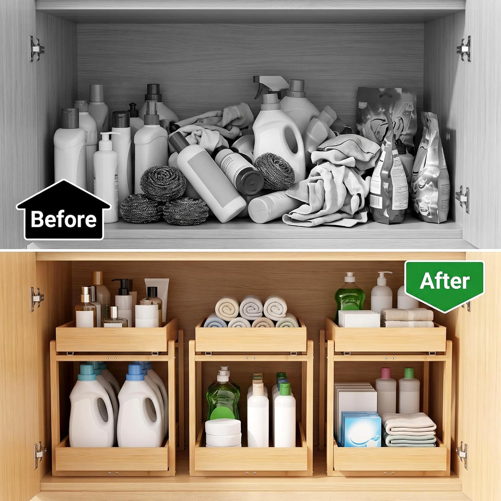 Bamboo Under Sink Organizer, 2 Pack Pull Out Cabinet Organizer