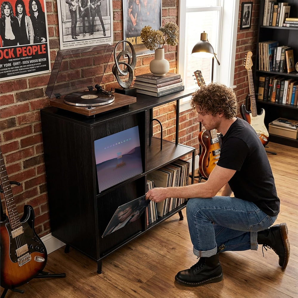 3 Tier Record Player Stand with Flip-Down Record Shelf, Black