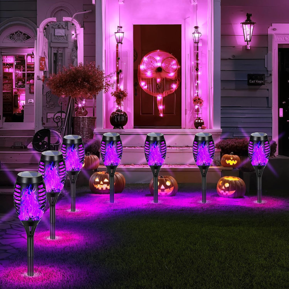 Purple Halloween Solar Lights Outdoor with Flickering Flame, 10 Pack