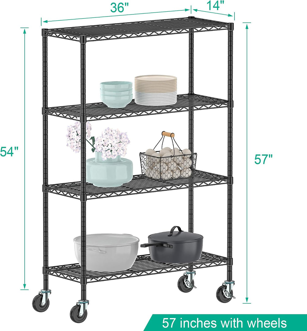 Folews 4-Tier Shelving Unit with Wheels, Metal Rolling Storage Shelves
