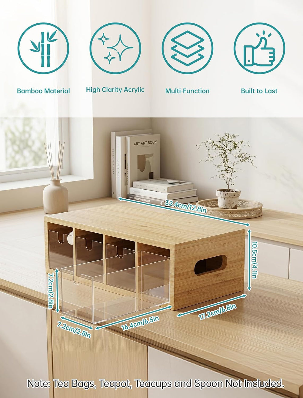 NiHome Bamboo Tea Bag Organizer with 4 Clear Acrylic Drawers and Top Tray